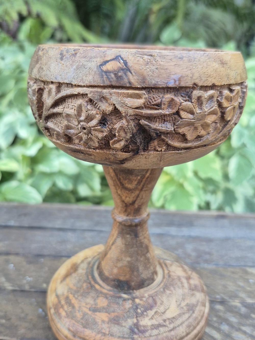 Vintage Hand Carved Wooden Pillar Candle Holder Stand | Rustic Boho Floral - Picture 9 of 13